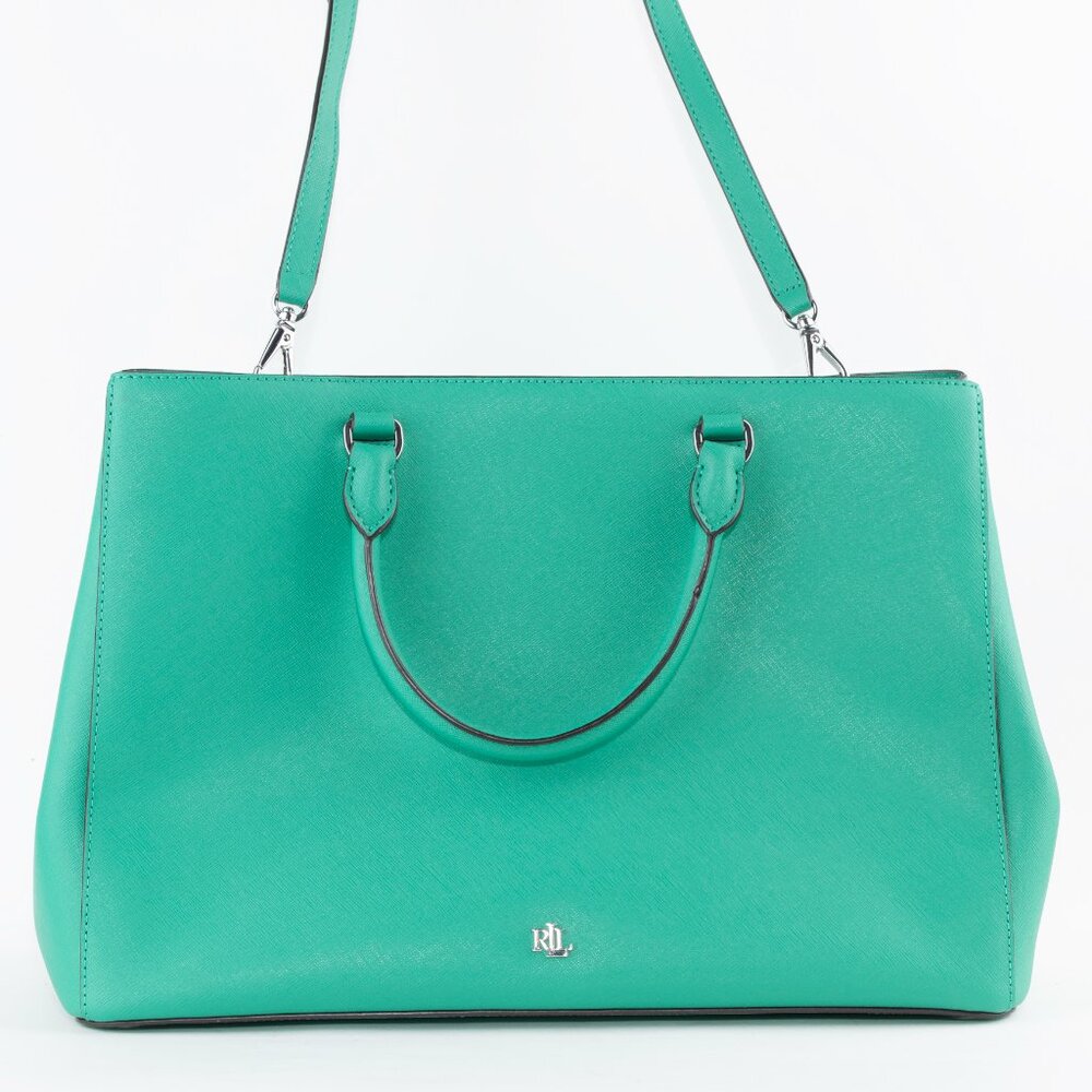 NWOT Lauren Ralph Lauren Large Hanna Satchel Crosshatch Leather Emerald Green - Picture 3 of 12